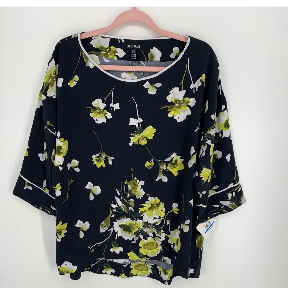 Ellen Tracy Floral Blouse XL NWT Navy Lime Print